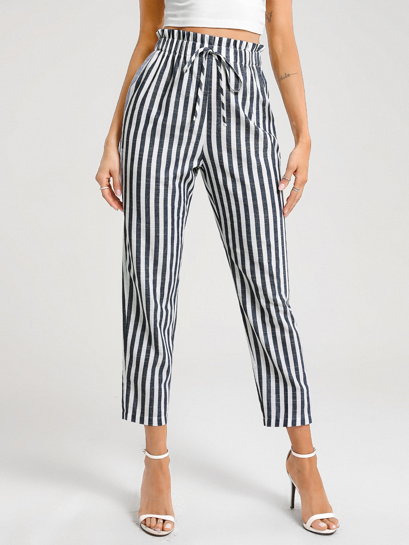 SHEIN Paperbag Waist Tie Front Striped Cropped Pants | SHEIN