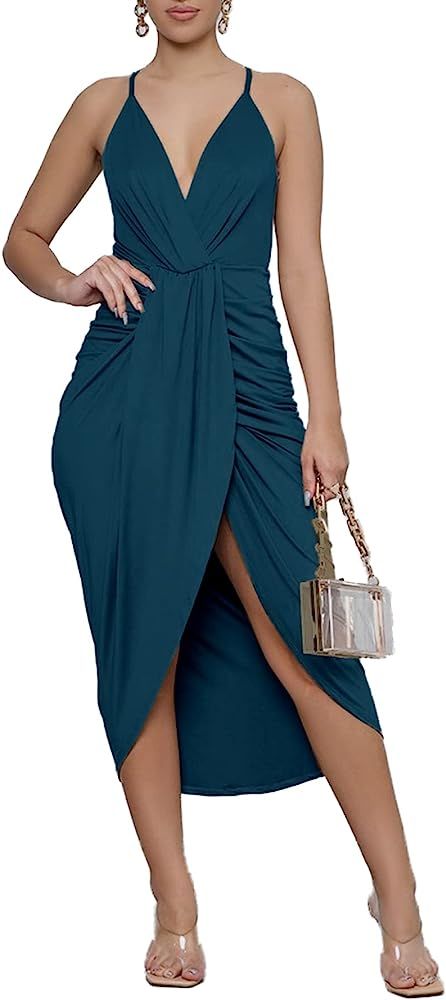 LYANER Women's V Neck Ruched Wrap Slit Hem Sleeveless Spaghetti Strap Midi Bodycon Dress | Amazon (US)