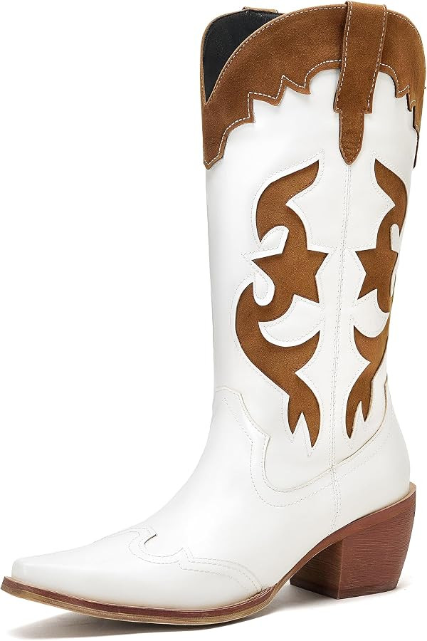 Amazon.com | ElegaStep Cowboy Boots for Women Wide Calf Cowgirl Boots White Patchwork Mid Calf We... | Amazon (US)