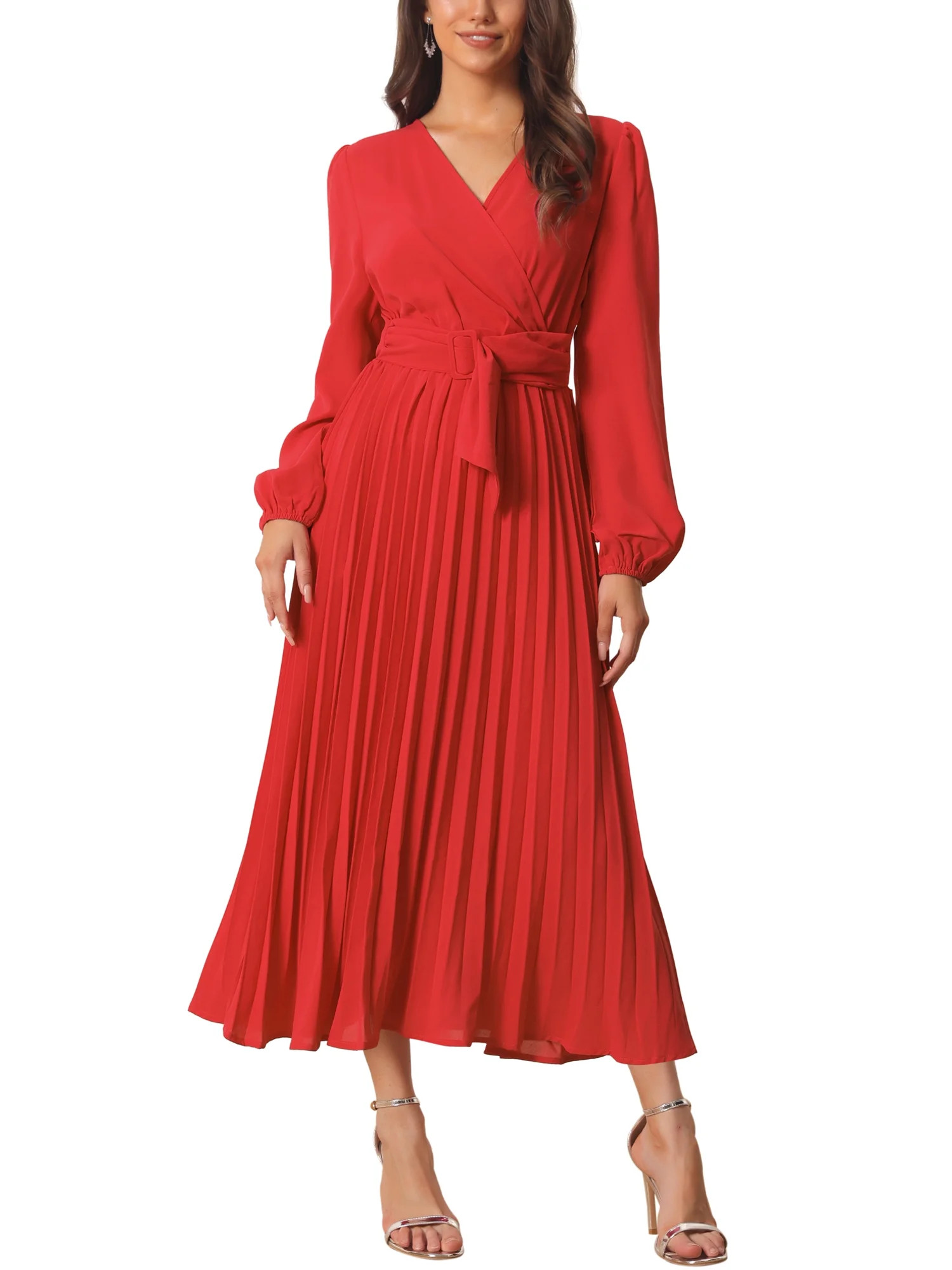 Unique Bargains Women's 2023 Long Puff Sleeve Flowy Ruffle Pleated Dress with Belt | Walmart (US)