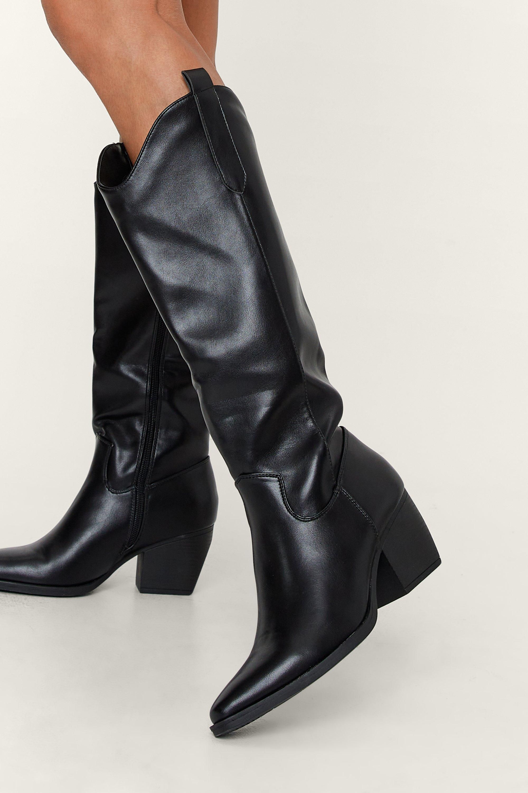 Faux Leather Knee High Cowboy Boots | Nasty Gal (US)