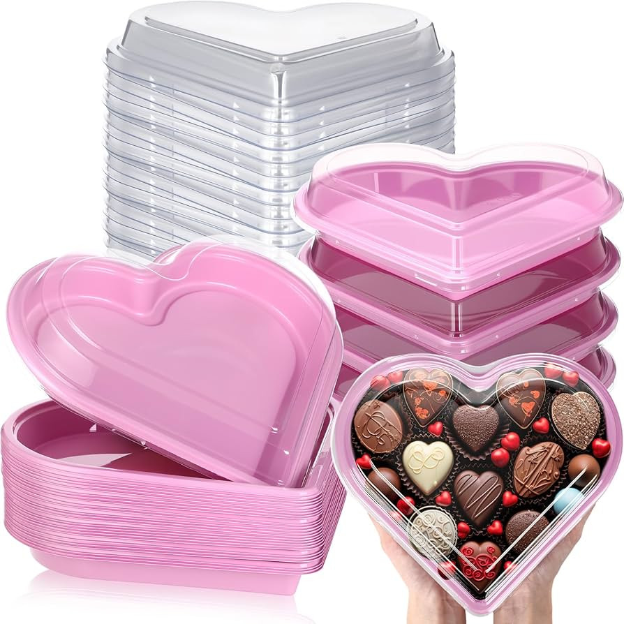 Macarrie 25 Pcs Valentine's Heart Shaped Serving Tray Platter 20 oz Heart Plates with Clear Lids ... | Amazon (US)