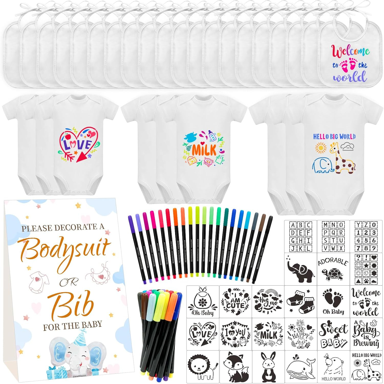 Bibs Bodysuits Baby Shower Game Sign Set Newborn Onesies Feeder Gift Fabric Marker Stencils Kit | Amazon (US)
