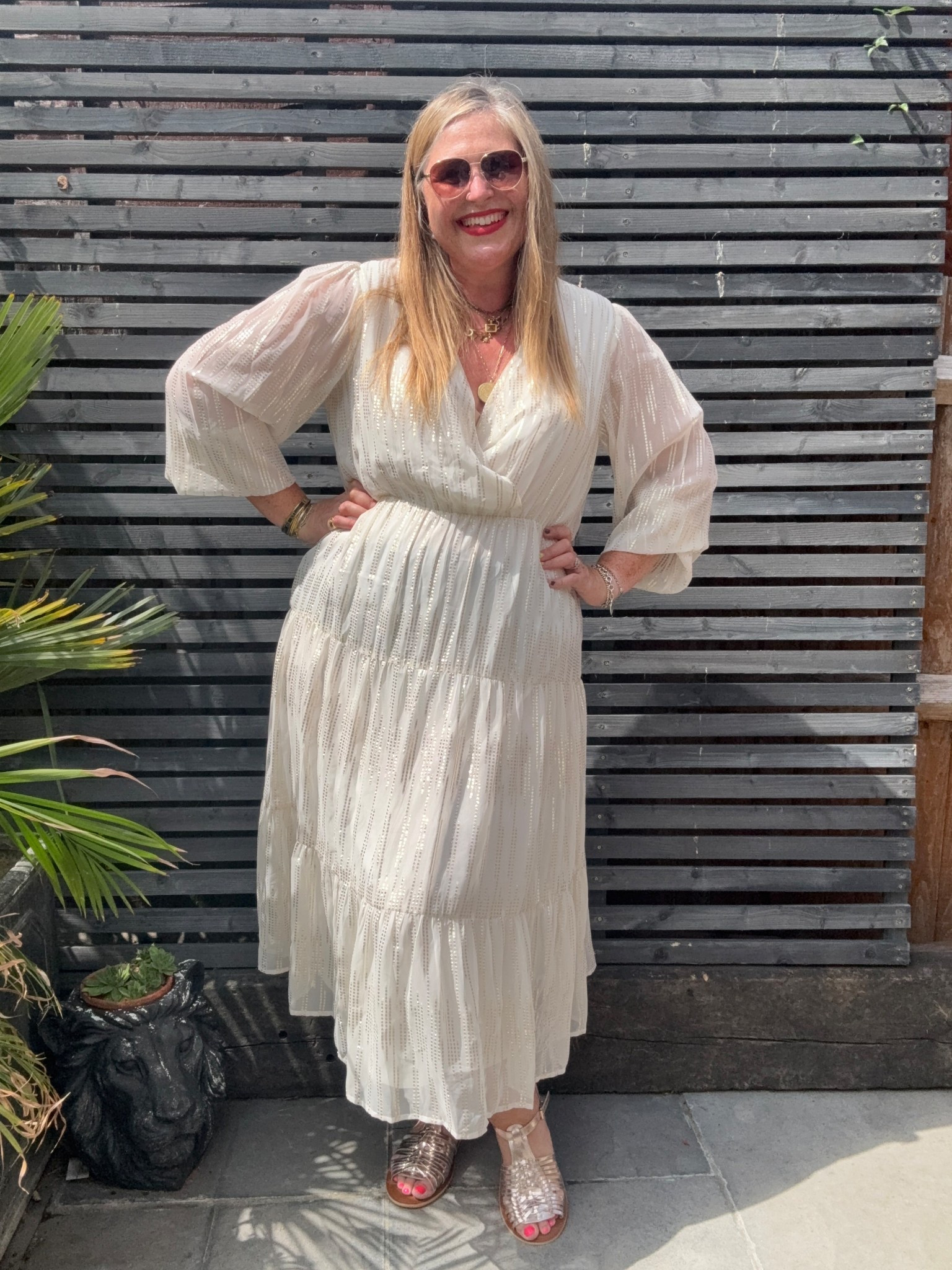 Shimmery gold and cream dress, gold sandals, sunglasses 

#LTKsummer #LTKplussize #LTKcurves