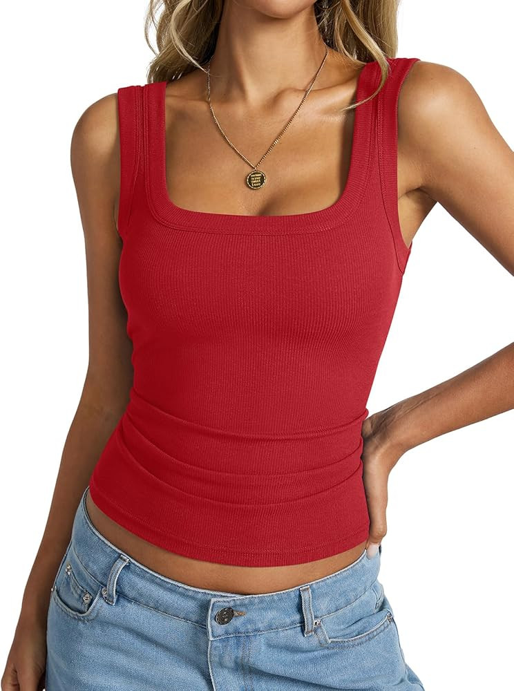 Womens Cotton Ribbed Square Neck Tank Tops Basic Backless Sleeveless Summer Cami Shirts 2025 | Amazon (US)