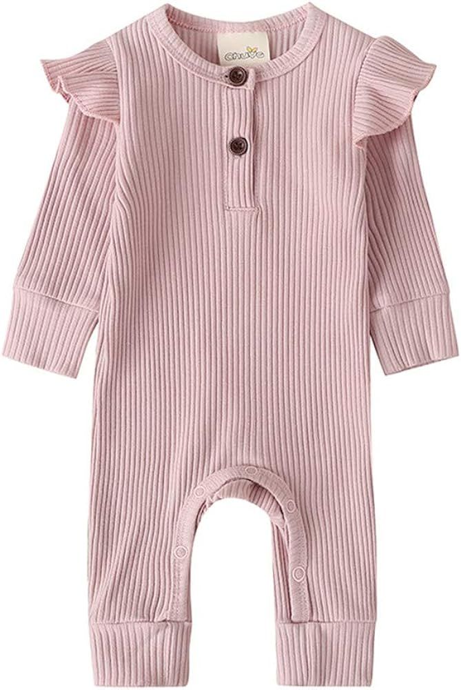 Luckinbaby Newborn Baby Girl Ruffle Romper Long Sleeve Jumpsuit Basic Plain Rib Stitch Knitted On... | Amazon (US)