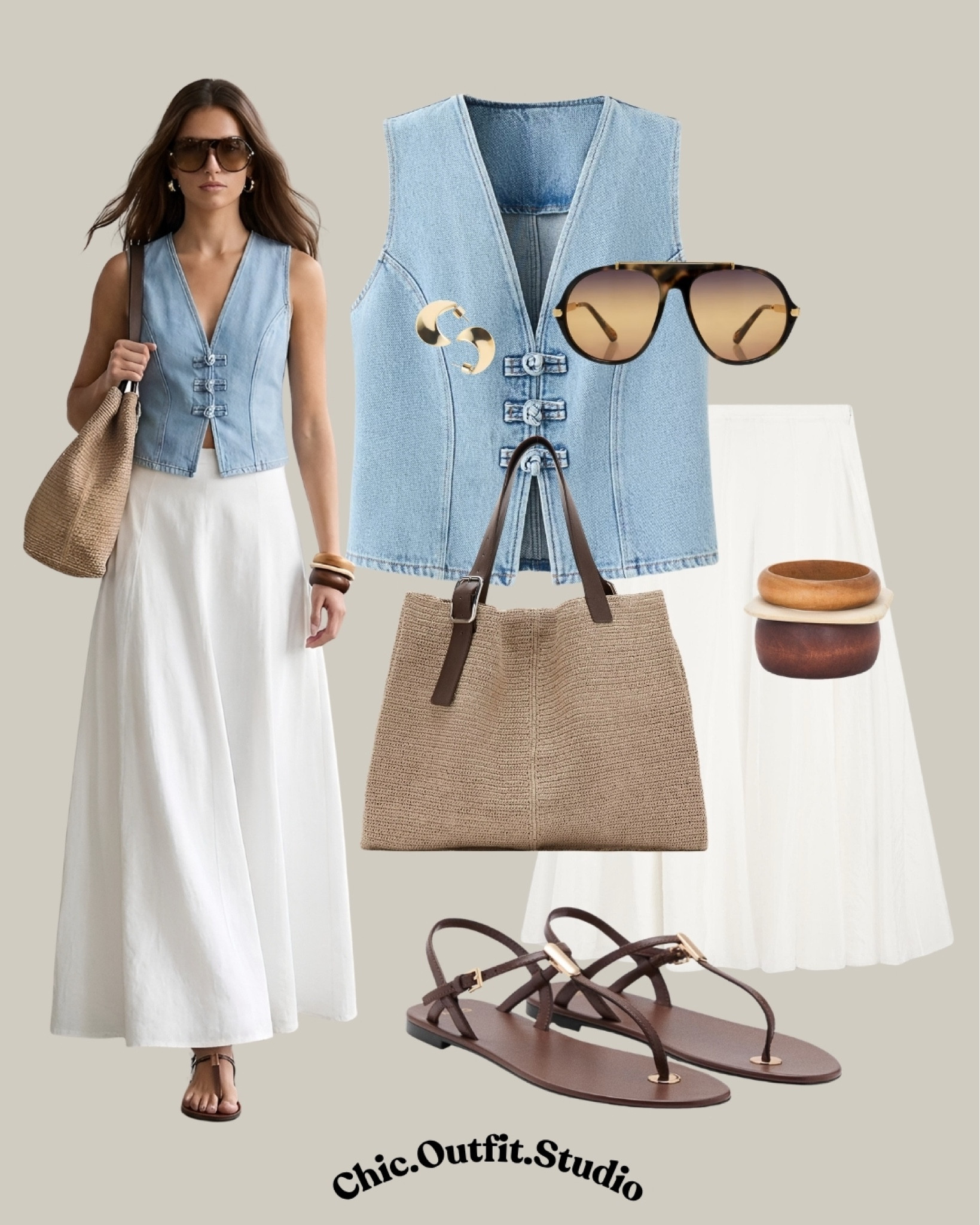 Denim Vest & White Skirt Summer Outfit

✨A structured light denim vest paired with a flowing white maxi skirt creates the perfect balance between feminine and relaxed summer dressing. Styled with woven textures, brown leather accessories, and minimalist flat sandals, this look feels effortless, airy, and elevated for warm weather. 
✨ Ideal for summer vacations, seaside lunches, farmers markets, city walks, brunch dates, or casual summer dinners.

✨ Tags: denim vest outfit women, white maxi skirt summer outfit, effortless summer style, European chic outfit, feminine casual outfit, woven bag summer look, minimalist summer fashion, vacation outfit women, elevated casual style, relaxed elegant outfit, flat sandals outfit, classy summer basics

#LTKshoes #LTKsummer #LTKbag