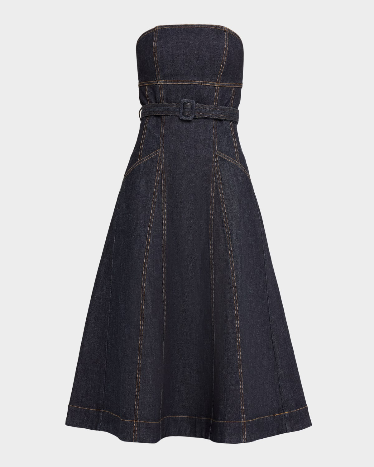 Bandeau Denim A-Line Midi Dress | Neiman Marcus