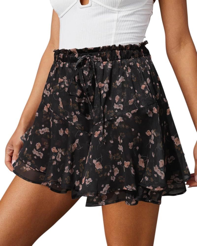 siliteelon Flowy Shorts for Women Casual Boho Floral Skorts Ruffle Mini Skirts Running Tennis But... | Amazon (US)