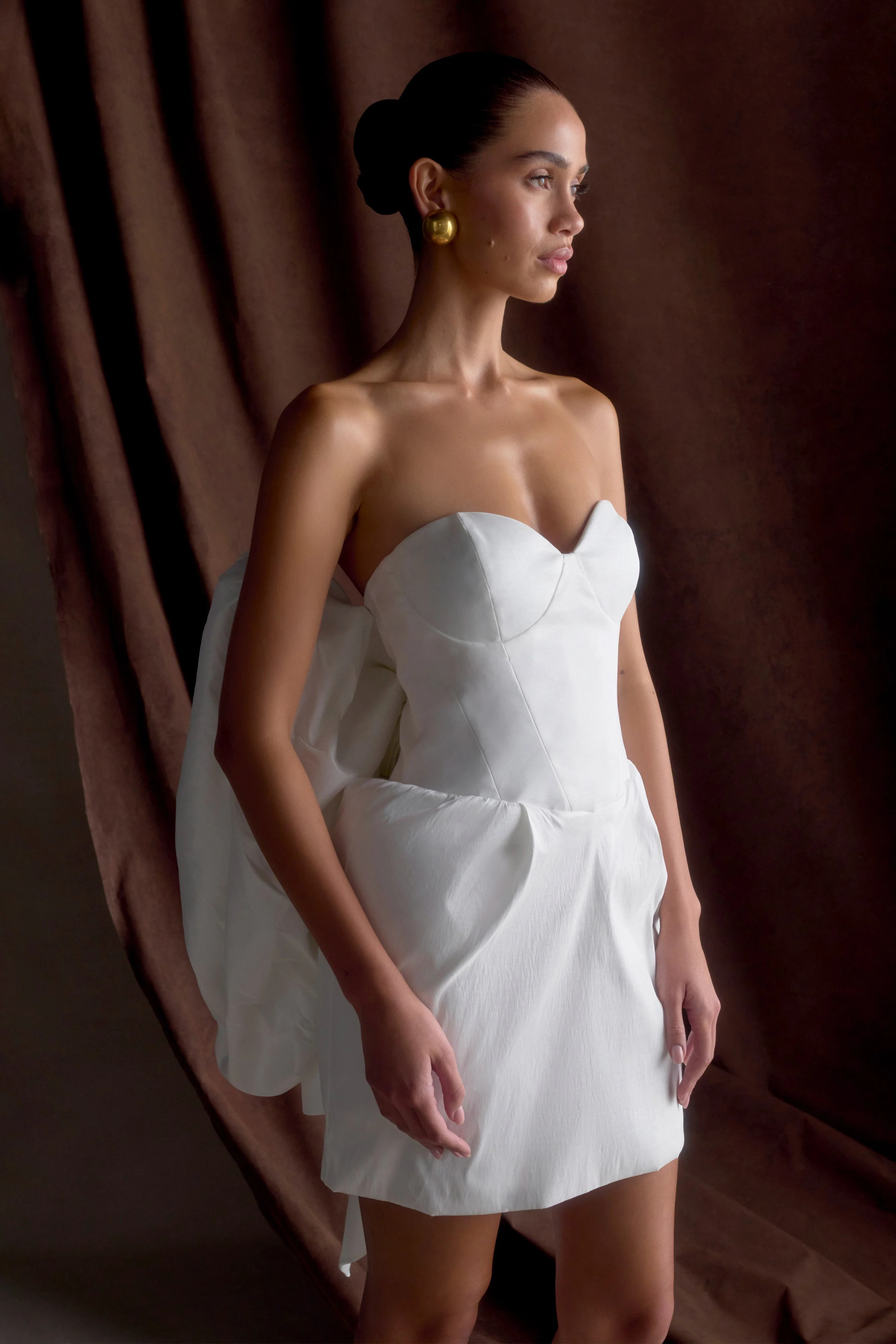 Suzette Taffeta Bow Mini Dress - White | MESHKI US