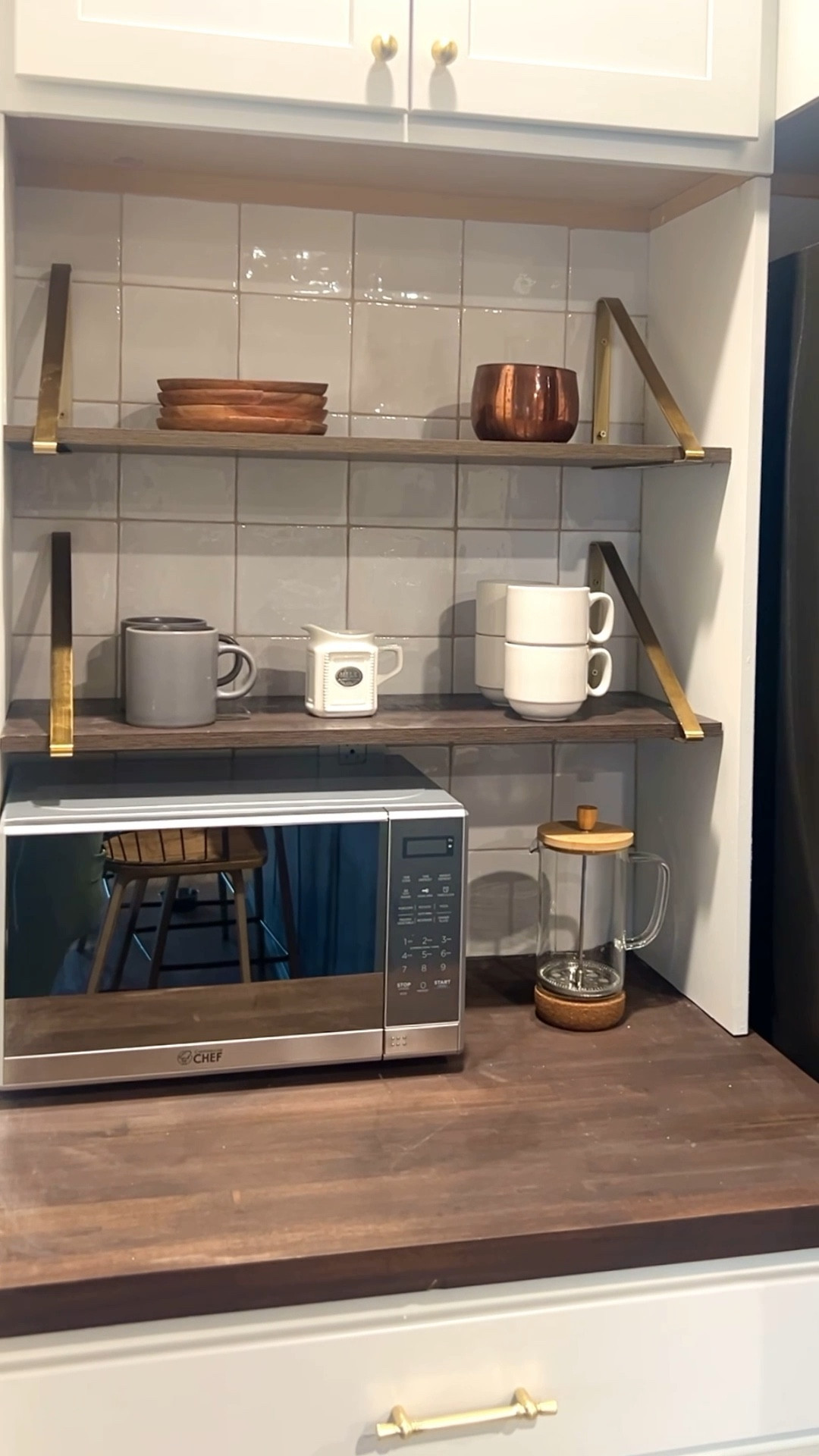 Shop my DIY coffee bar + microwave nook! #ad I found everything I needed for this project at Lowe’s. I love the affordable Zelige style backsplash tile with the butcher block counters! I was also able to find the perfect small microwave to fit in the space. #lowespartner 

#LTKHome