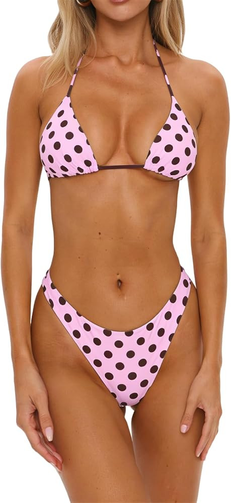 Women Polka Dot Bikini Sets Sexy Halter String Triangle High Cut Cheeky 2 Piece Bathing Suit | Amazon (US)