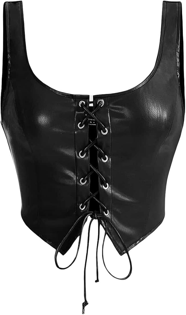 MakeMeChic Women's Faux Leather Top Sleeveless Lace Up PU Leather Crop Tank Top Vest | Amazon (US)