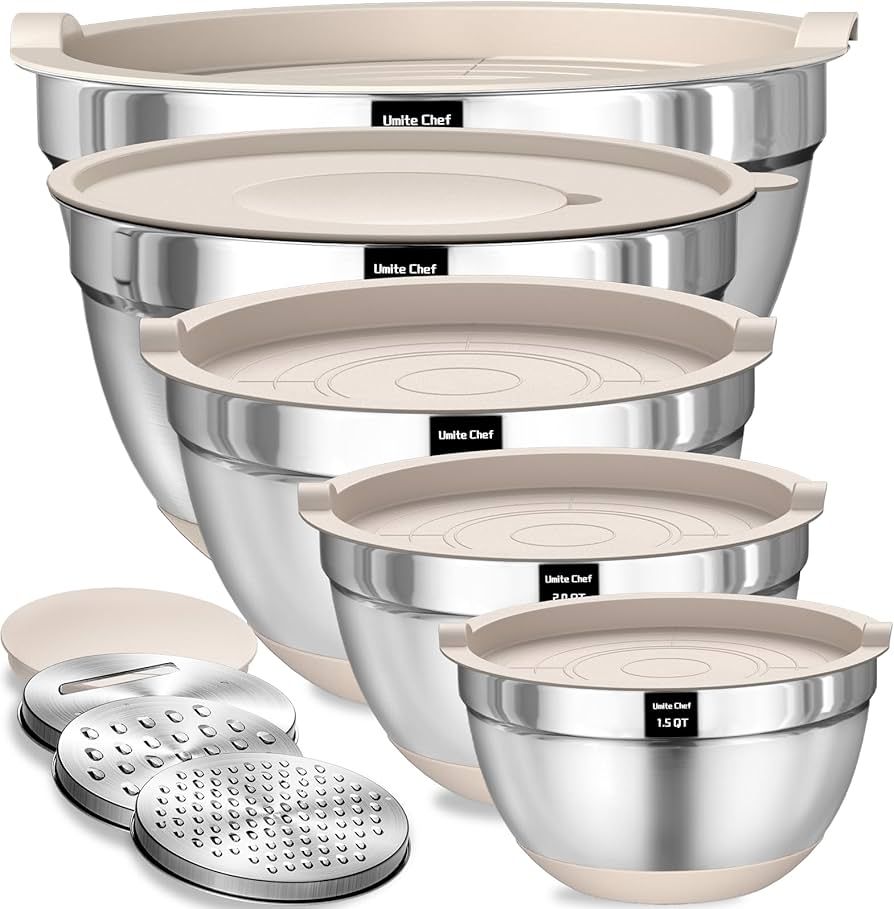 Umite Chef Mixing Bowls with Airtight Lids Set, 8PCS Stainless Steel Khaki Nesting Bowls with Gra... | Amazon (US)