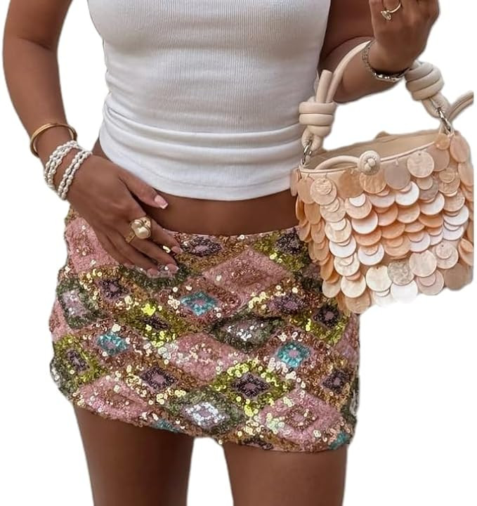 FEORJGP Womens Sparkly Sequins Mini Skirts Low Rise Shiny Glitter Short Skirts Clubwear Party Bod... | Amazon (US)