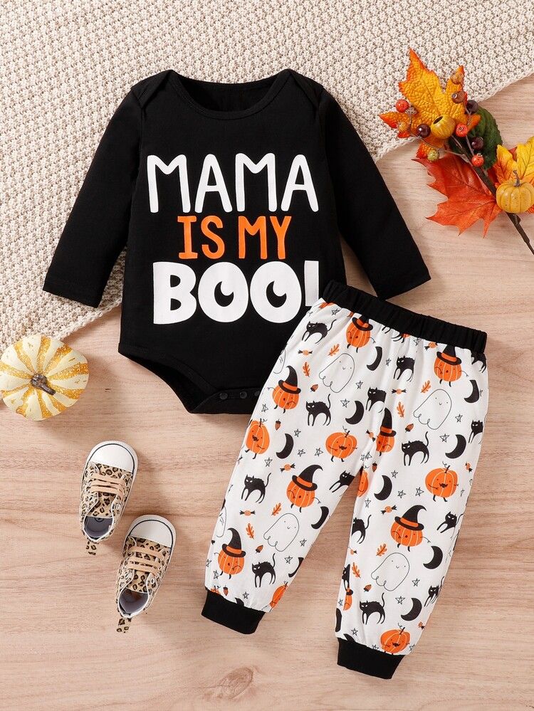 Baby Slogan Graphic Bodysuit & Halloween Print Sweatpants | SHEIN