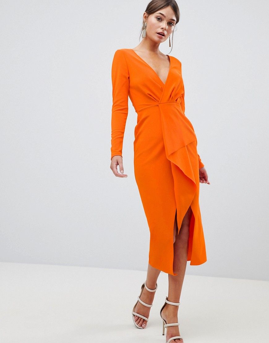 ASOS DESIGN long sleeve waterfall deep plunge midi dress - Orange | ASOS US