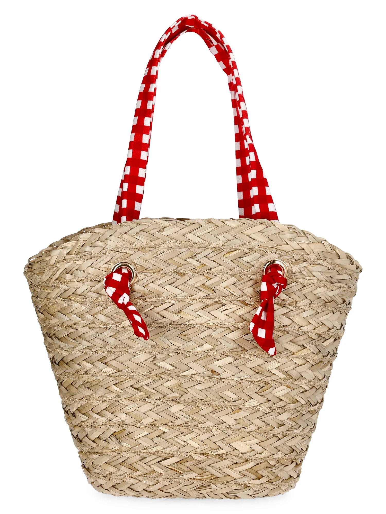 Time and Tru Women's Seagrass Beach Tote, Natural/Red | Walmart (US)