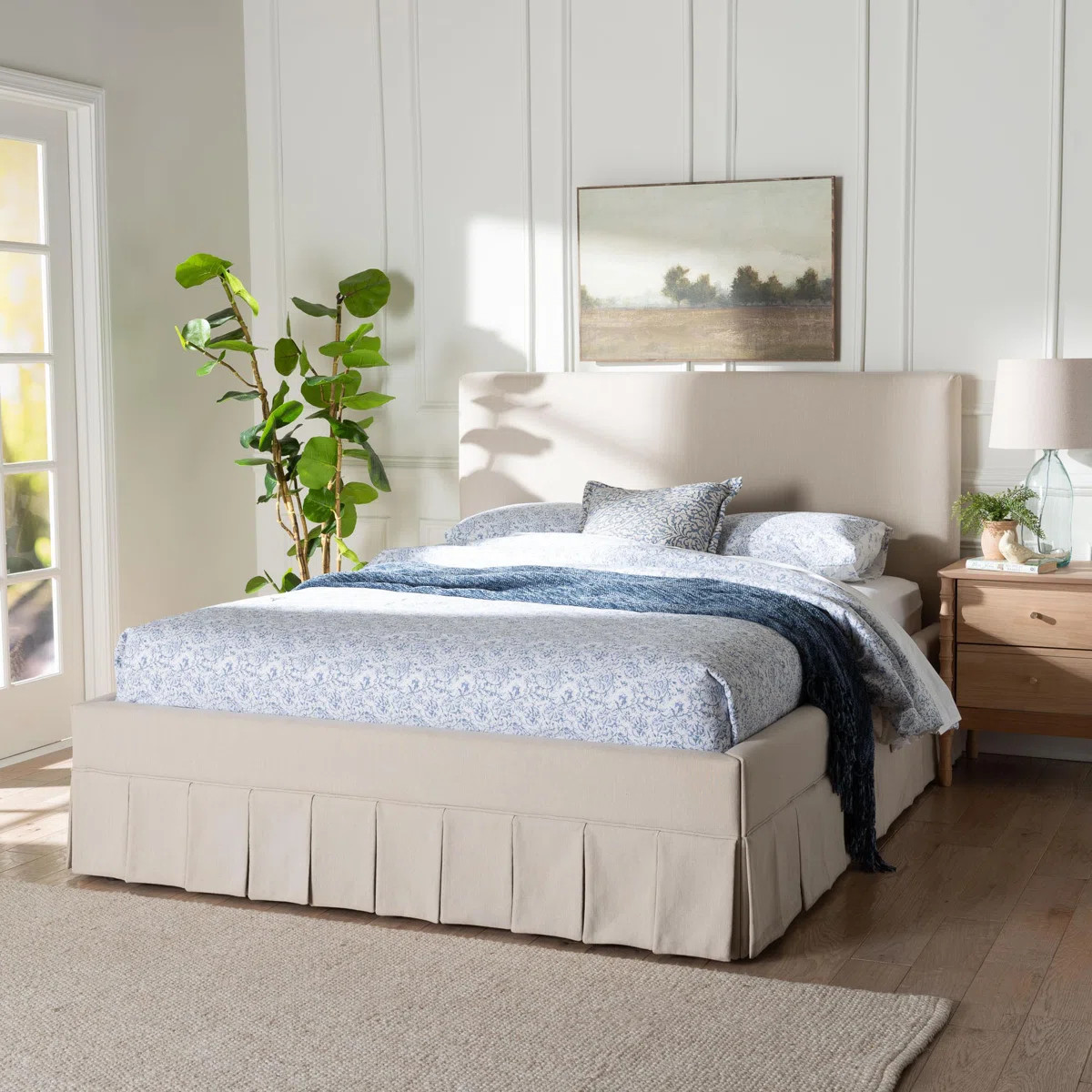 Baxton Studio Astin Platform Bed With Pleated Skirt- Fabric Upholstered Bed Frame With Panel Head... | Wayfair North America