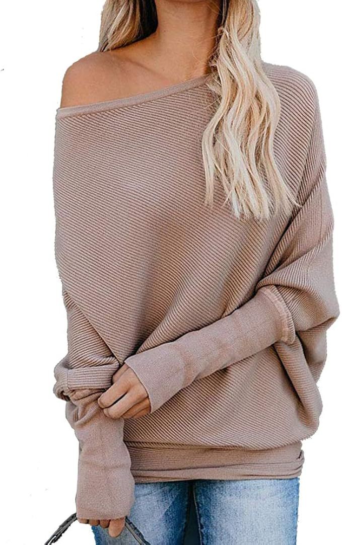YEXIPO Women's Oversized Off The Shoulder Sweaters Batwing Long Sleeve Loose Fall Knit Jumper Pul... | Amazon (US)