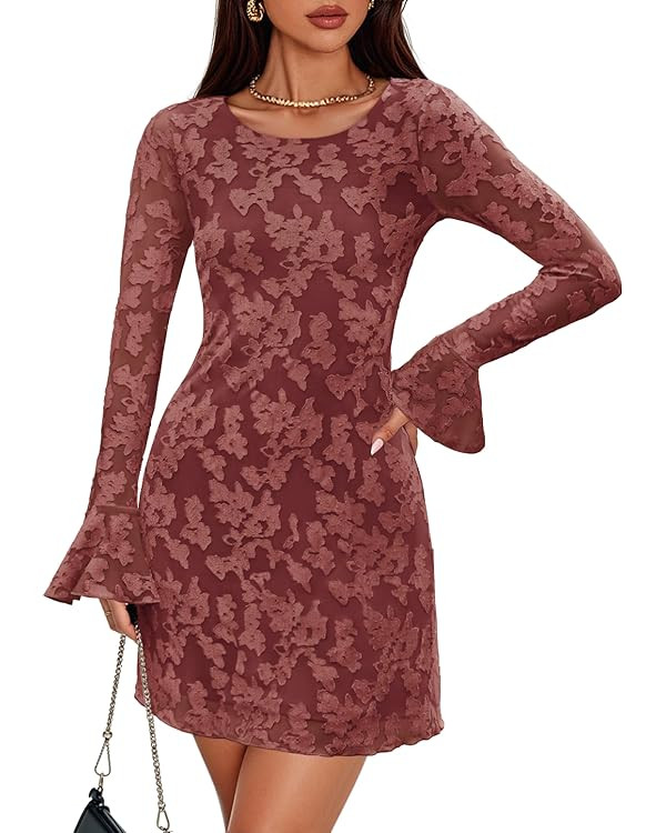 ZESICA Long Sleeve Mini Dresses for Women 2025 Floral Mesh Crewneck Bodycon Wedding Guests Cockta... | Amazon (US)