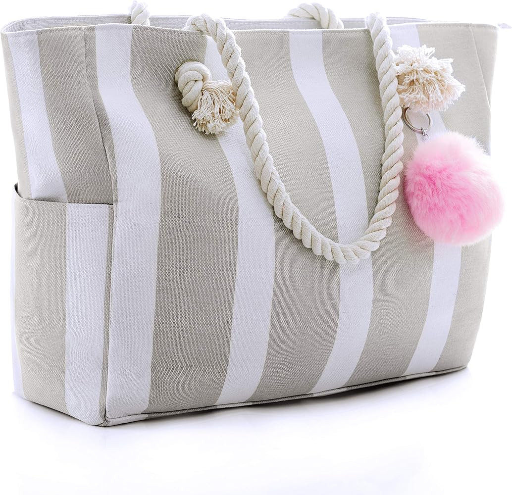 Large Canvas Shoulder Bag - Beach Tote with Cotton Rope Handles and Cute Pompom | Amazon (US)