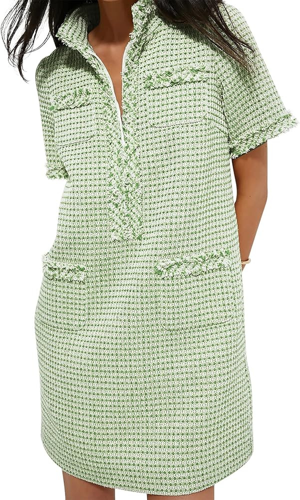 PEHMEA Women's Tweed Dress, Short Sleeve Straight Tube Mini Dress with Pockets for Business Party... | Amazon (US)
