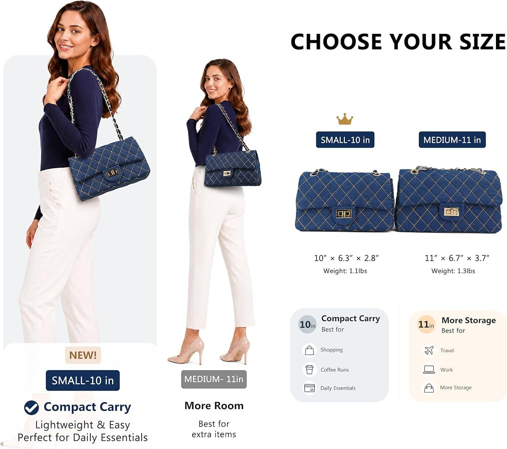 M-ioi-M Quilted Denim Crossbody Bags for Women, Chain Strap Shoulder Bags, Medium Double Flap Pur... | Amazon (US)