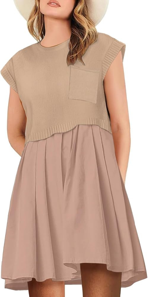 Womens Dresses Striped Knit Top Pleated Loose Swing Mini Short Sleeve Dress 2024 Trendy | Amazon (US)