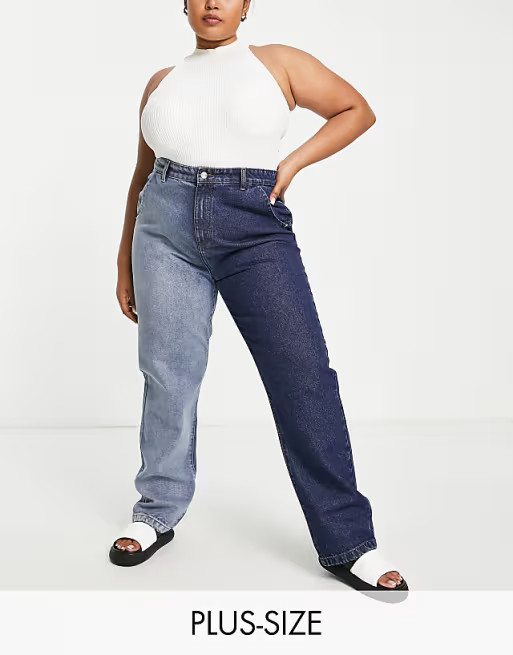 DTT Plus straight leg two tone spliced jeans in blue | ASOS (Global)