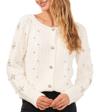 Crew Neck Long Sleeve Button Front Rhinestone Cable Knit Cardigan | Dillard's
