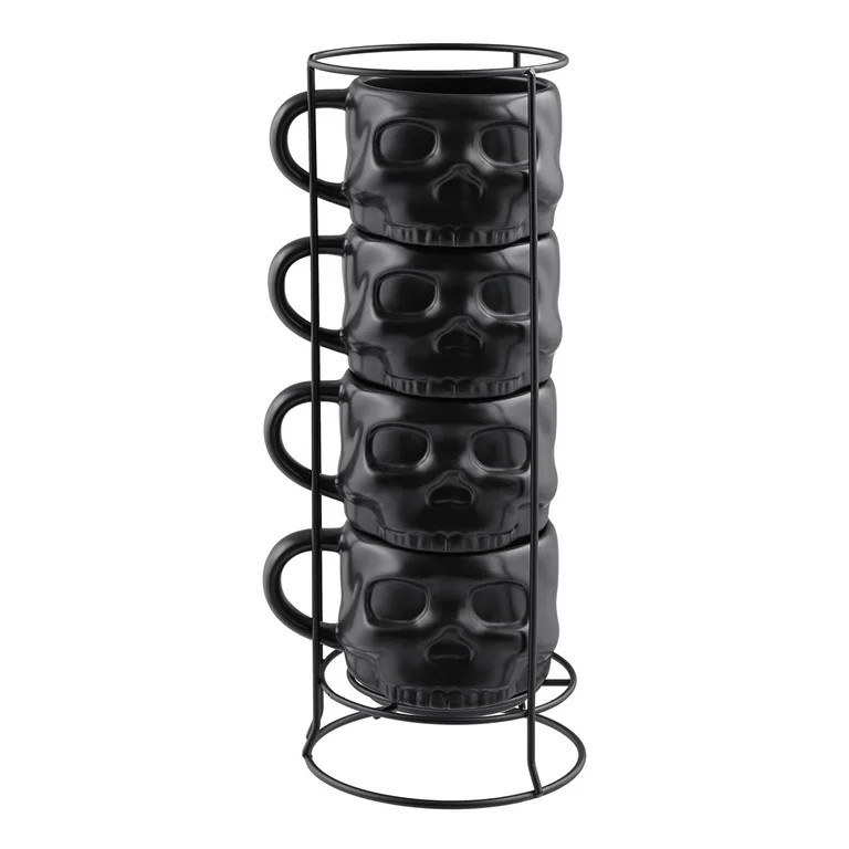 Way to Celebrate 4-Piece 13-Oz Black Skull-Shaped Glazed Ceramic Stacking Mug Set with Metal Rack | Walmart (US)