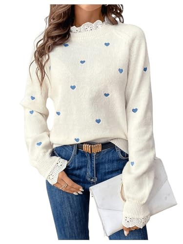 GORGLITTER Women's Heart Lace Valentine Patchwork Pullover Sweater Embellished Long Sleeve Cute K... | Amazon (US)