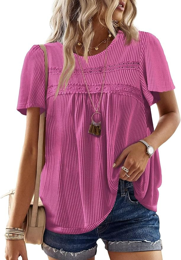 Falechay Womens Summer Tops Crewneck Short Sleeve Striped Shirts Casual Ribbed Blouses Flowy Hem ... | Amazon (US)