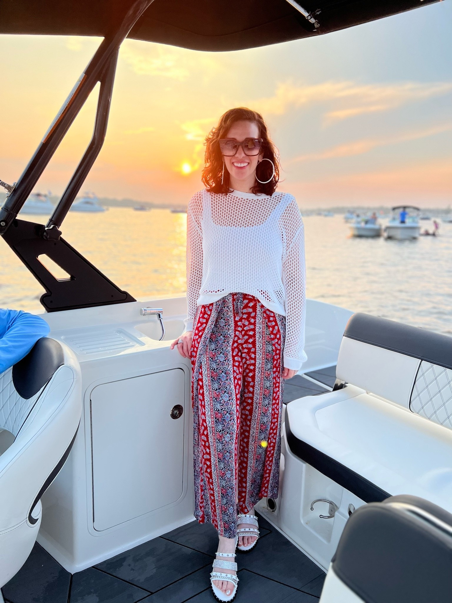 White crochet top (s). Multicolor tie pants (s). White studded sandals (8.5). #top #crochettop #whitetop #pants #tiepants #multicolorpants #sandals #whitesandals #studdedsandals #summeroutfit 
summer outfits

#LTKootd #LTKSeasonal
