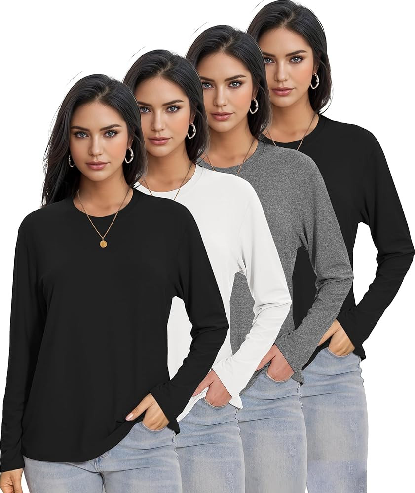 1/4 Pack Womens Long Sleeve Shirts Tops Loose Fit Basic Crew Neck Tee T Shirts Ultra Soft Blouses... | Amazon (US)