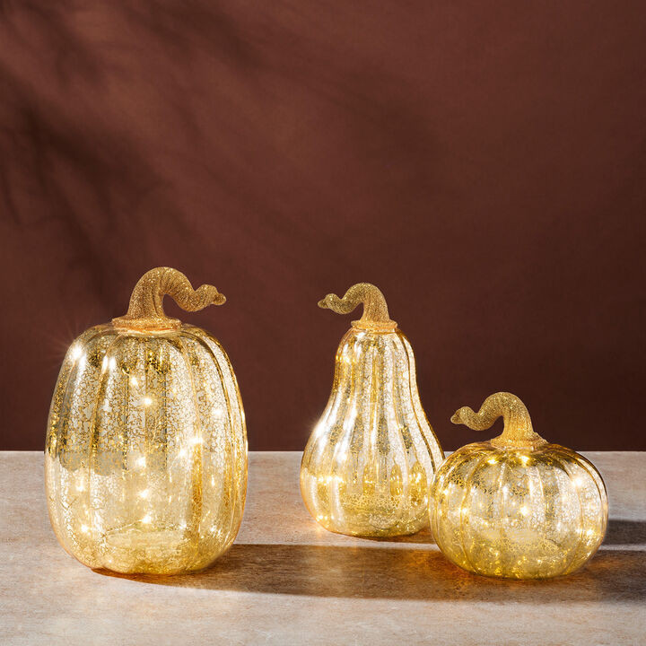 Gold LED Pumpkins with Mercury Glass Finish, Set of 3 | Lights.com