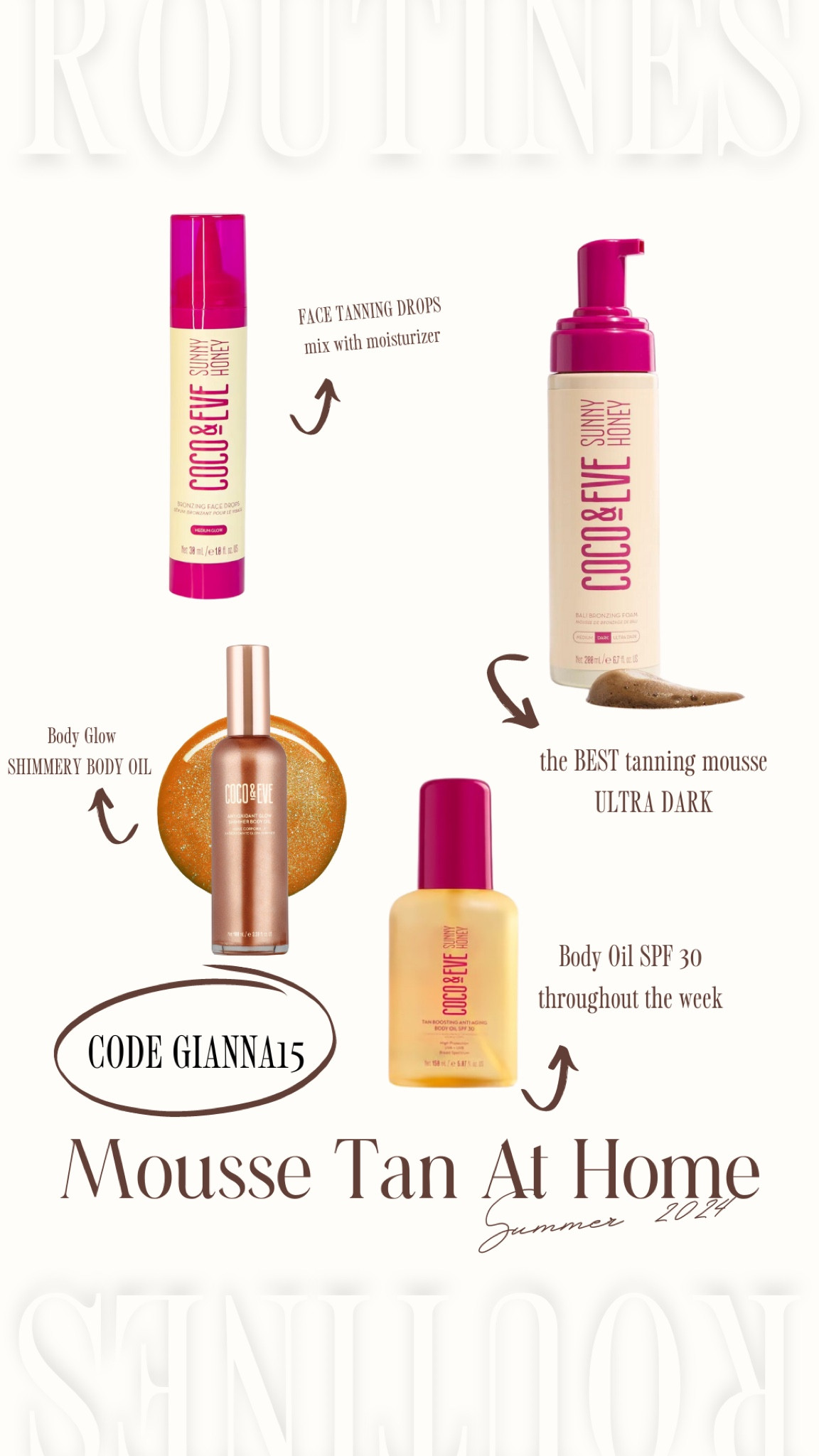 FAV mousse tanner at home!

Code GIANNA15 to save!!! 

Self tanner favorites, coco and eve, self tan, at home tan.

#LTKSaleAlert #LTKFindsUnder50 #LTKMidsize