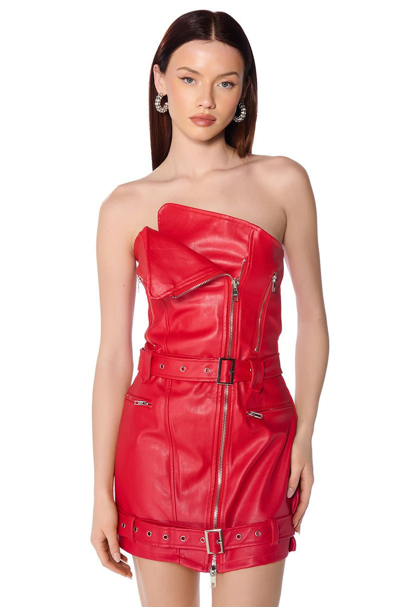 RIDIN DIRTY MOTO PU MINI DRESS IN RED | AKIRA