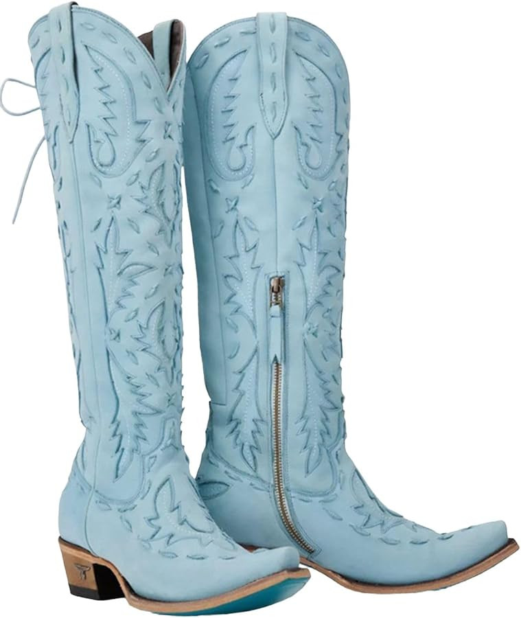 Lane Womens Reverie Tooled-Inlay Snip Toe Casual Boots Over the Knee Low Heel 1-2" - Blue | Amazon (US)