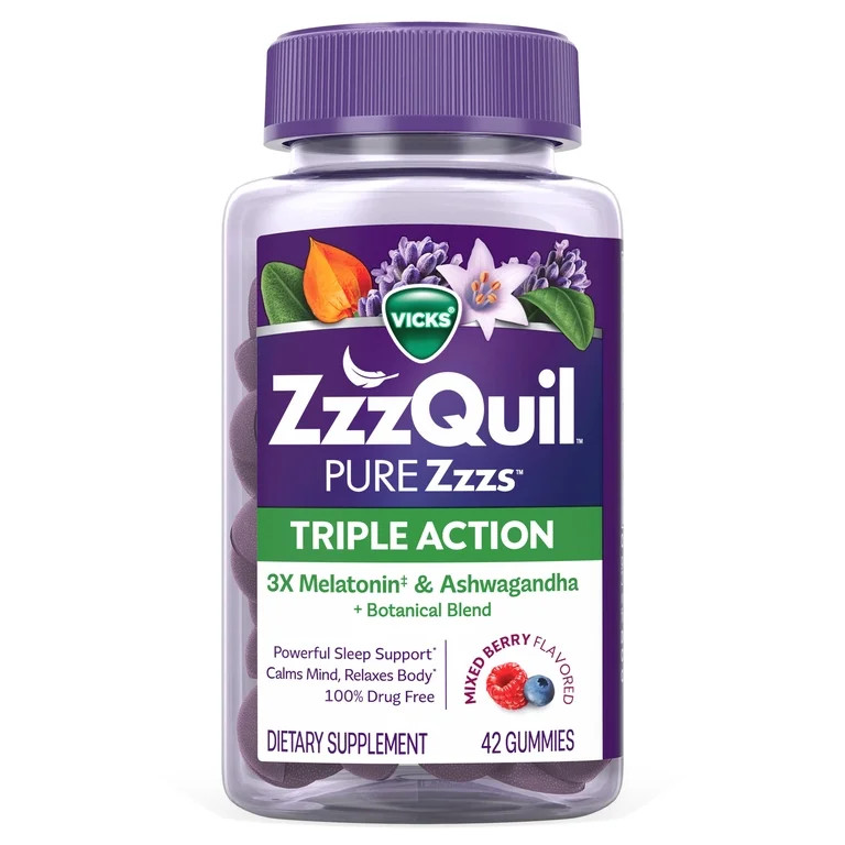 ZzzQuil PURE Zzzs Melatonin Triple Action with Ashwagandha, Melatonin 6mg, 42 Gummies | Walmart (US)