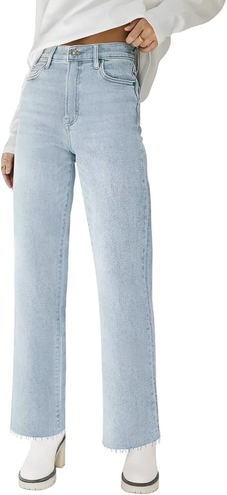 Straight Leg Jeans for Women High Waisted Frayed Baggy Pants Stretchy Cropped Wide Leg Jeans | Amazon (US)