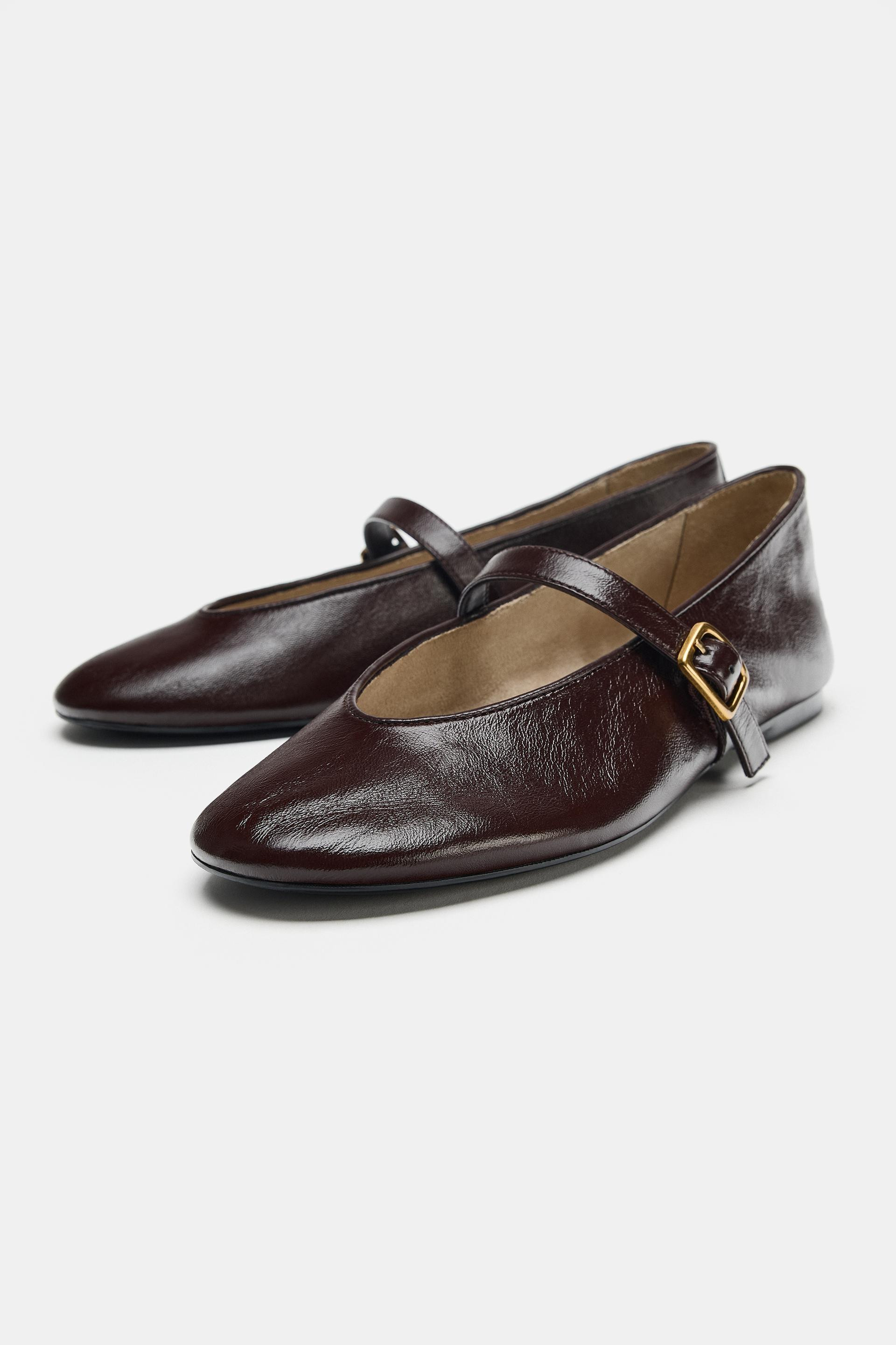 Zara - Leather Buckle Ballet Flats - Chocolate Brown - 7½ - Woman | Zara US
