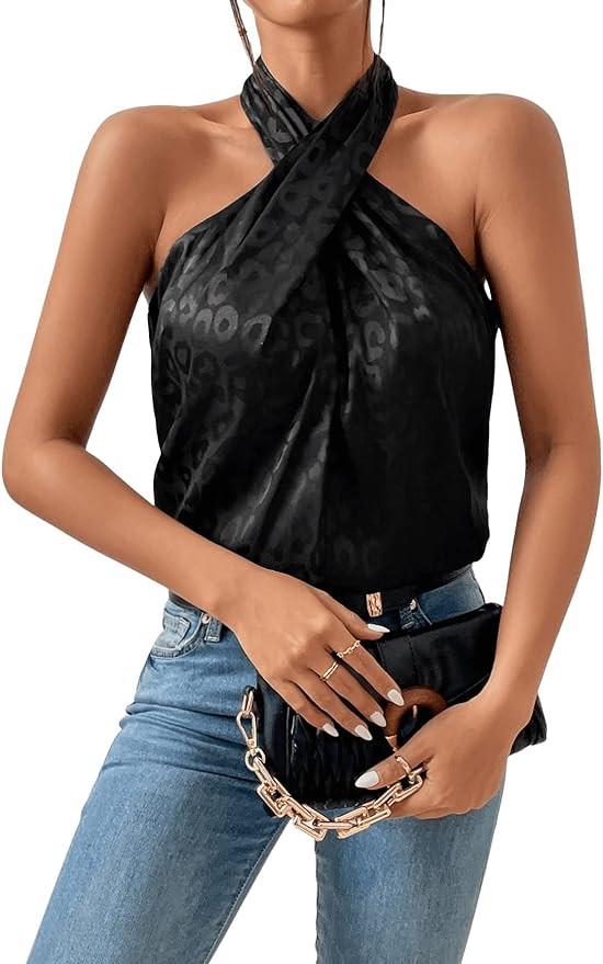 SweatyRocks Women's Crisscross Satin Halter Tops Keyhole Neck Loose Off Shoulder Casual Elegant P... | Amazon (US)