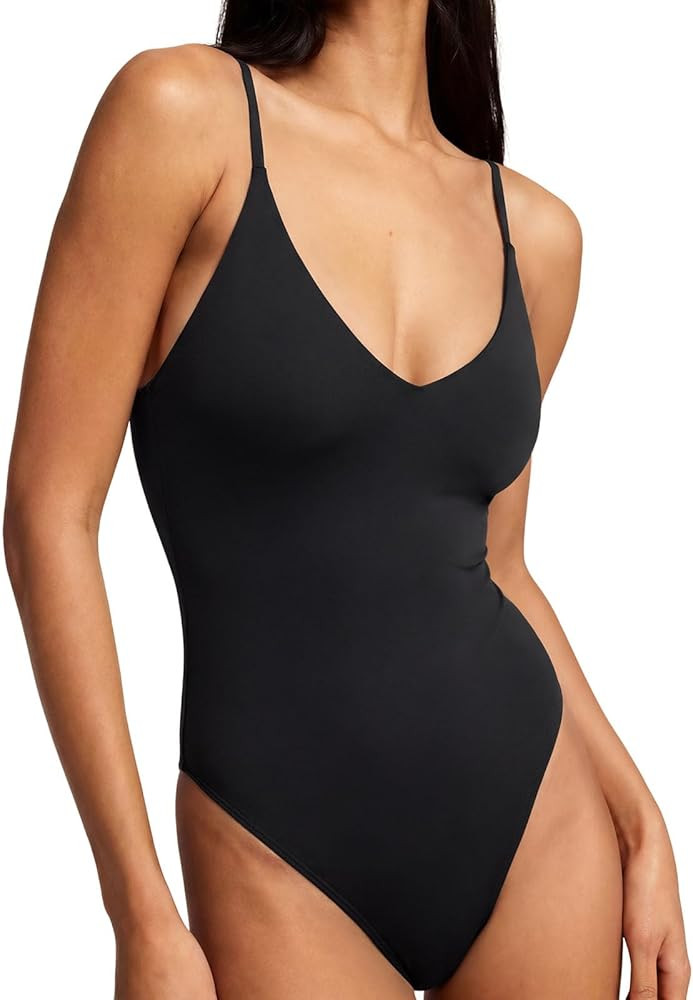 SUUKSESS Women Padded V Neck Thong Bodysuit Adjustable Spaghetti Strap Tank Tops | Amazon (US)