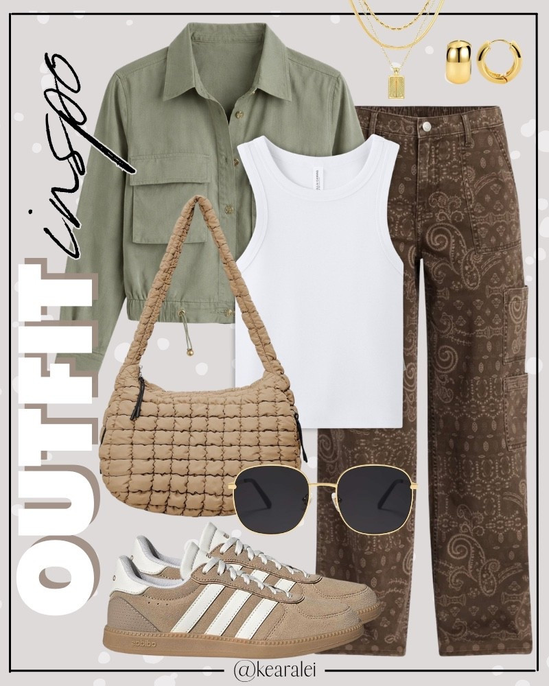 Spring outfits 2026 fall summer outfits cool mom outfit Amazon fashion brown bandana print paisley pattern cargo pocket pants bandana Pants Women Baggy Y2K Camouflage Cargo Pants High Waisted Wide Leg jeans denim Olive green utility jacket army green jackets with ribbed white tank top tan brown khaki beige adidas sambas sneakers shoes with tan puffer quilted carry all bag bum bag purse crossbody aviator sunglasses quilted puffer bum bag crossbody purse bumbag carryall || #amazon #outfit #walmart #spring #summer #freepeople #fall #affordable #cargo
.
.
.

Fitness Wear, Activewear, exercise outfit, workout leggings, sports bra, Lulu lemon, free people motion active athleisure Amazon fashion, teacher outfits, business casual, casual outfits, neutrals, street style, Midi skirt, Maxi Dress, Swimsuit, Bikini, Travel, skinny Jeans, Puffer Jackets, Concert Outfits, Cocktail Dresses, Sweater dress, Sweaters, cardigans Fleece Pullovers, hoodies, button-downs, Oversized Sweatshirts, Jeans, High Waisted Leggings, dresses, joggers, fall Fashion, winter fashion, leather jacket, Sherpa jackets, Deals, shacket, Plaid Shirt Jackets, apple watch bands, lounge set, Date Night Outfits, Vacation outfits, Mom jeans, shorts, sunglasses, Disney outfits, Romper, jumpsuit, Airport outfits, biker shorts, Weekender bag, plus size fashion, Stanley cup tumbler Target, Abercrombie and fitch, Amazon, Shein, Nordstrom, H&M, forever 21, forever21, Walmart, asos, Nordstrom rack, Nike, adidas, Vans, Quay, Tarte, Sephora, lululemon, free people, j crew jcrew factory, old navy


#LTKSeasonal #LTKootd #LTKSaleAlert