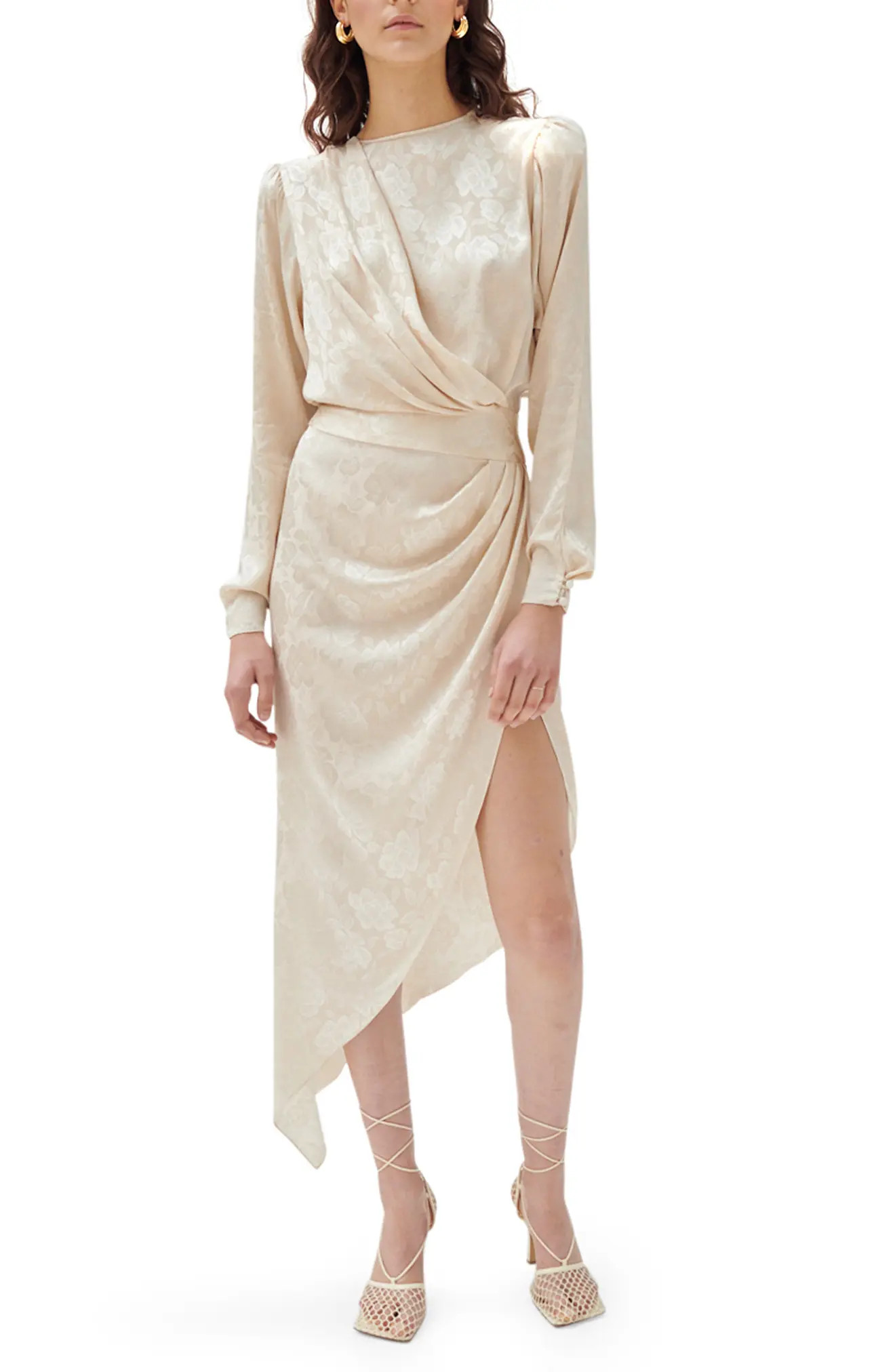 Ronny Kobo Arina Gathered Asymmetric Long Sleeve Silk Blend Dress in Pearled Ivory at Nordstrom, Siz | Nordstrom