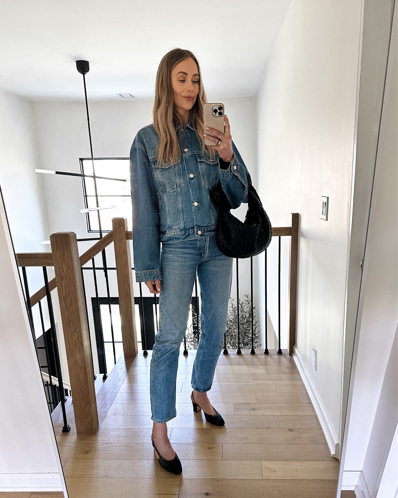 Fashion Jackson wearing denim jacket (small) AGOLDE jeans, Chanel black slingbacks, bottega handbag, #fashionjackson #springoutfit #capsule #denimjacket 

#LTKunder100 #LTKshoecrush #LTKstyletip