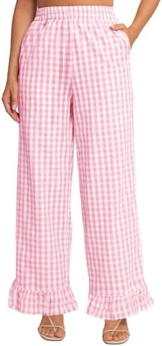 Flygo Women's Gingham Pants Y2K Cotton Wide Leg Ruffle Hem Lounge Pants Plaid Elastic Wasited Tro... | Amazon (US)