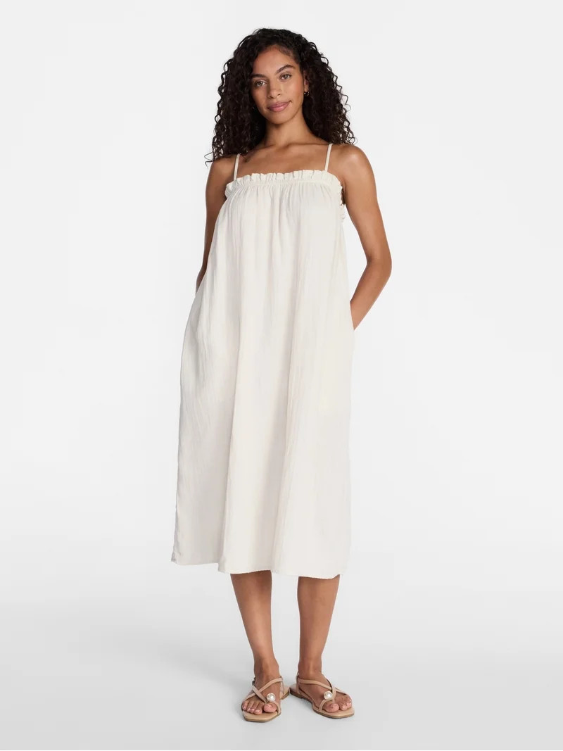 Time and Tru Women's Sleeveless Double Cloth Cotton Midi Dress, Sizes XS-XXXL | Walmart (US)